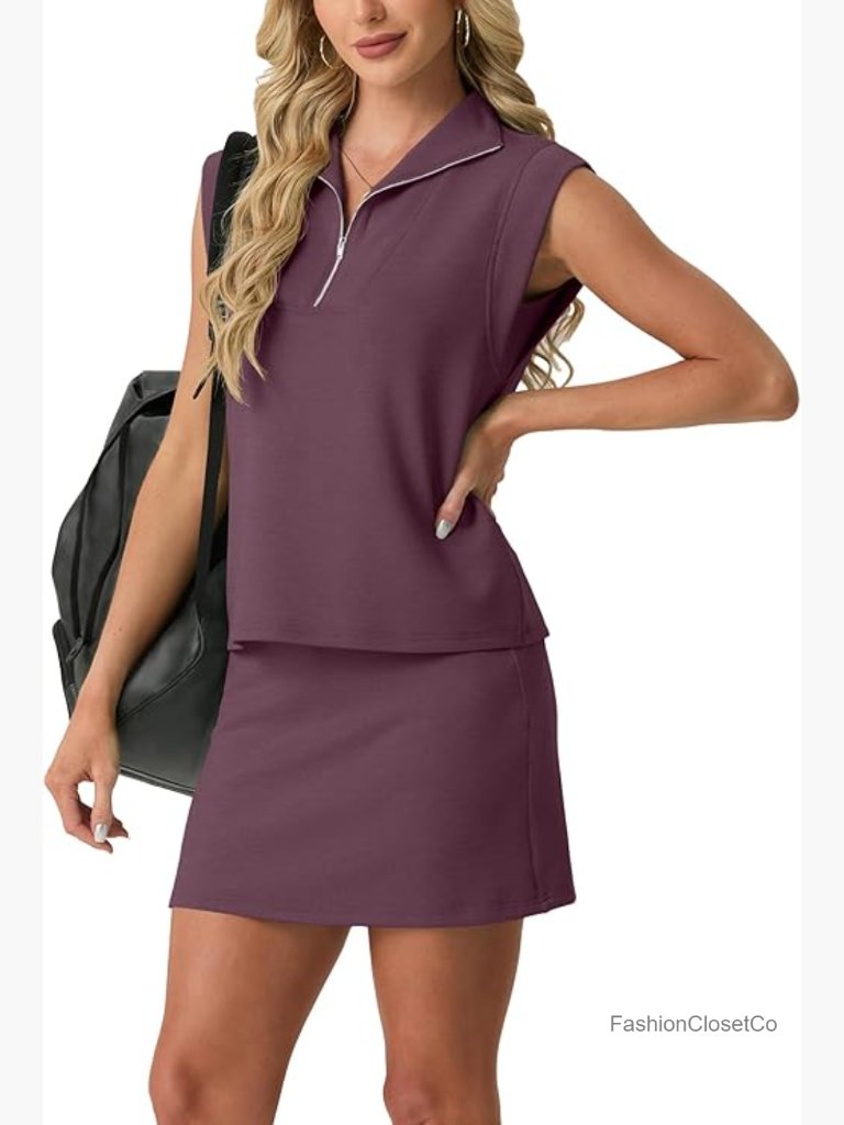 Zip Collared Cap Sleeve Top & Tennis Skort 2 Piece Set With Pockets